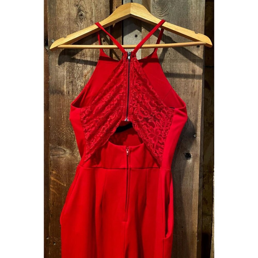 Bold and Sexy Red Lace Back Halter Sleeveless Pockets Romper Jumpsuit SZ LG